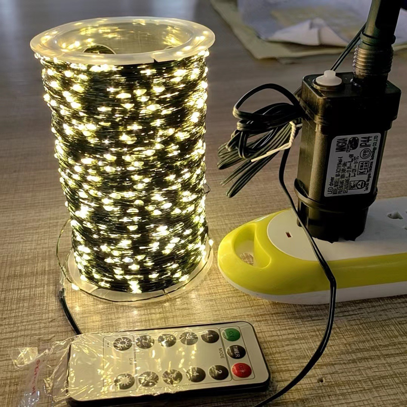 Cadena de luces para árbol de Navidad, alambre verde negro, alambre de cobre, cuerda de luces de alambre de cobre, llena de estrellas, plantas verdes, decoración navideña de ratán_voghion.com