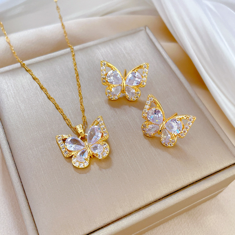 Edelstahl-Schmuckset mit Ohrringen, Anhänger und Halskette für Damen, schicke Mode, Strass, weiß, klar, Schmetterlings-Schmuckset_voghion.com