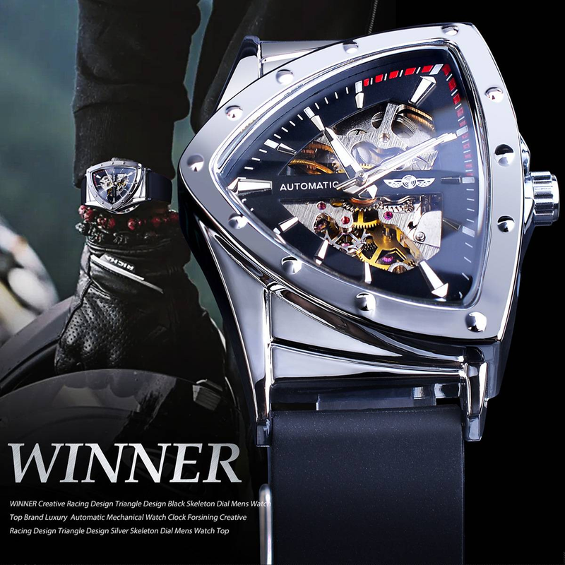Men's automatic mechanical watch with triangular dial, hollowed out luminous silicone strap, sports watch_voghion.com