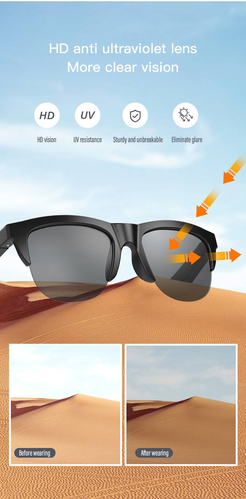 Óculos de sol Bluetooth sem fio inteligentes Fone de ouvido, controle de voz e microfone e alto-falantes Touch, óculos de sol UV para homens e mulheres_voghion.com