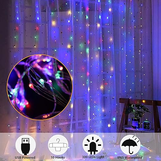 Cadena de luces para cortina de iluminación para el hogar, 300 LED, 8 modos de iluminación con control remoto, alimentación por USB para decoración del hogar, fiestas de Navidad y bodas_voghion.com