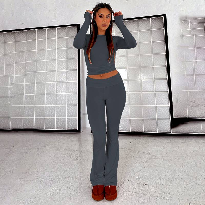 Naisten perus kaksiosainen asu, pitkähihainen crop top, taitettavat leggingsit, levenevät housut, yhteensopivat kaksiosaiset oloasut_voghion.com