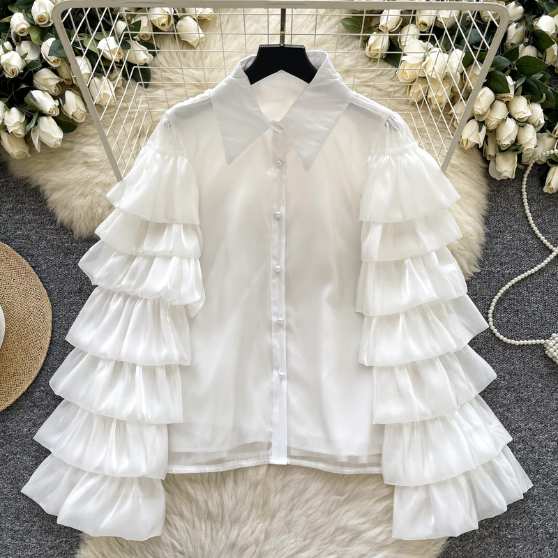 Women’s Clothing French High End Lady Layered Ruffled Long Sleeved Shirt Female Fashionable All Match Streamer Satin Top_voghion.com