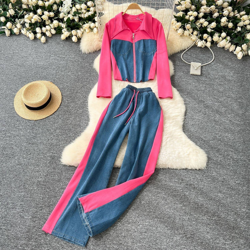 Design de roupas femininas lapela manga comprida patchwork denim top jaqueta feminina cintura alta perna larga calças terno_voghion.com