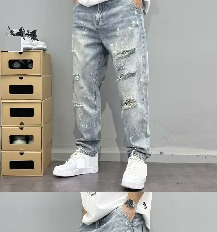 2025 High Street Ink Splashed Hole Jeans Men's Thin Washed Personality Loose Beggar Pants Handsome Straight Pants_voghion.com