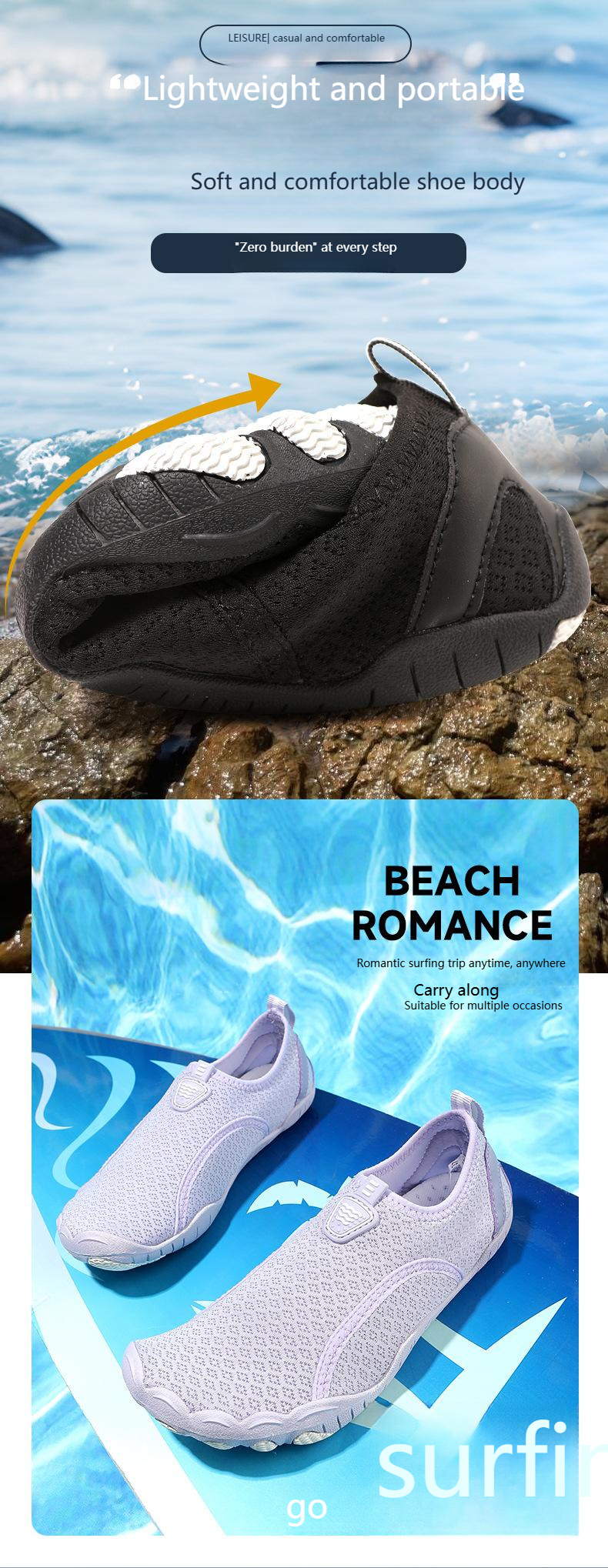 Scarpe da acqua leggere a piedi nudi per nuoto, spiaggia, yoga, pilates, danza e fitness - Calzini da acqua traspiranti ad asciugatura rapida con suola in gomma antiscivolo_voghion.com