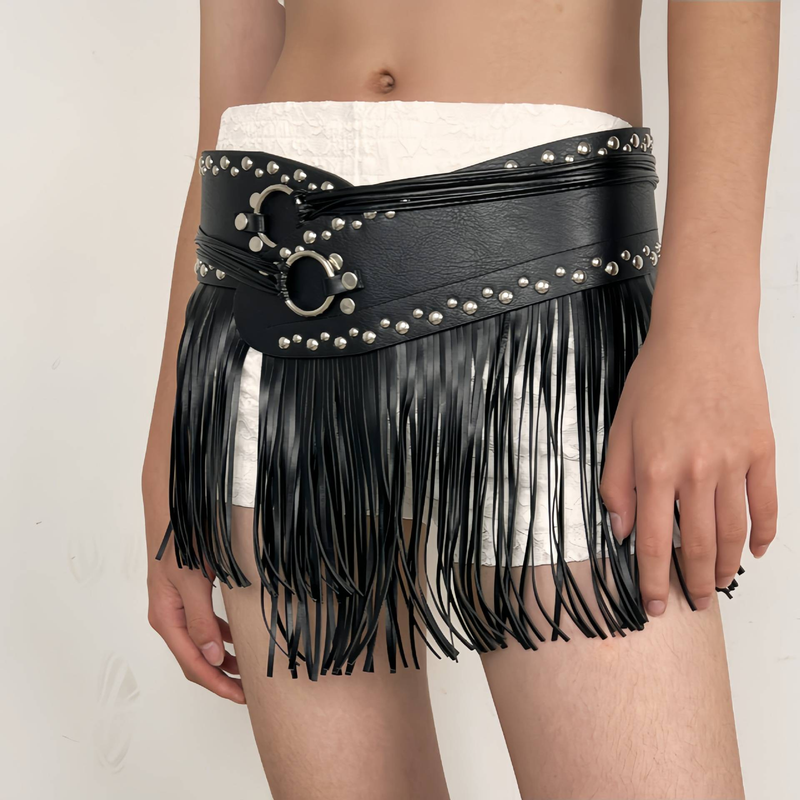 Western Punk Bohemian Belt With Studs & Fringe For Women – Wide Waistband, Asymmetric Design, Vintage Style, Adjustable Buckle_voghion.com