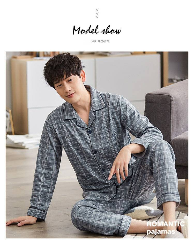 100 % reine Baumwolle Herren Nachtwäsche 2-teilig Casual Nachtwäsche Plaid Herbst Nachtwäsche Home Wear Herren Nachtwäsche Reine Baumwolle Nachtwäsche Set_voghion.com