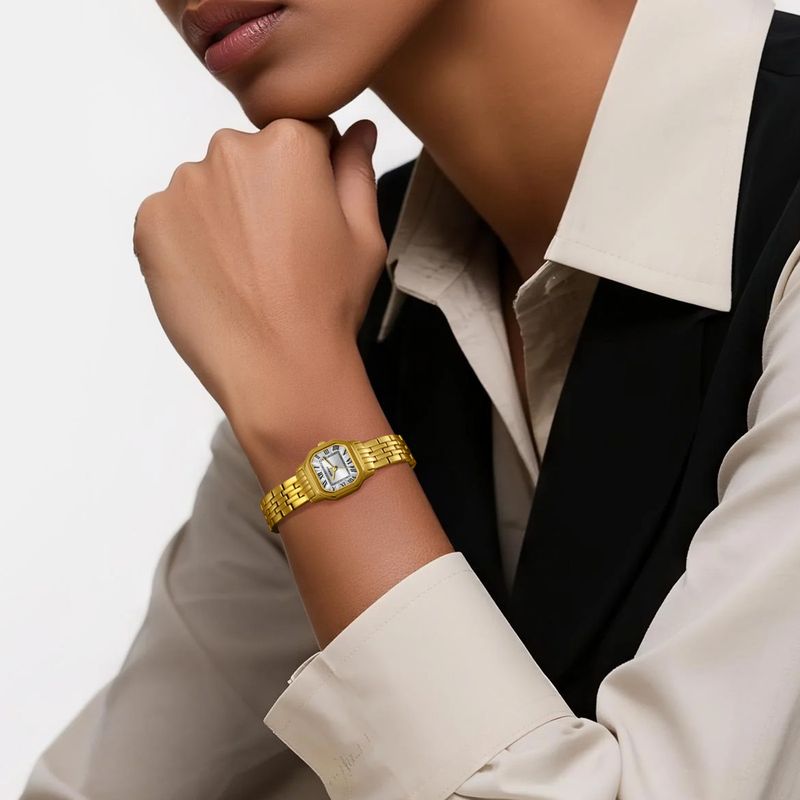 BERNY Gold Watches For Women Dainty Rectangular Case Roman Dial Small Vintage Bracelet Watch Stainless Steel Waterproof Analog Quartz Wrist Watch_voghion.com