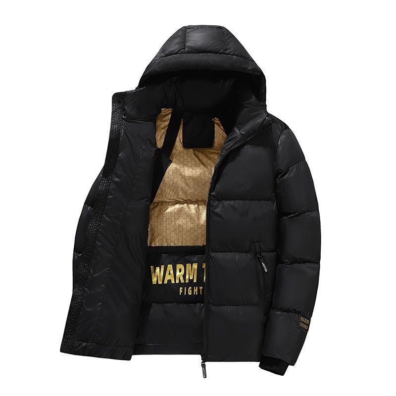 Herren Slim-Fit Cord Pufferjacke – Leichter Wintermantel mit Kapuze und goldenen Nähten (Schwarz/Rot/Blau)_voghion.com