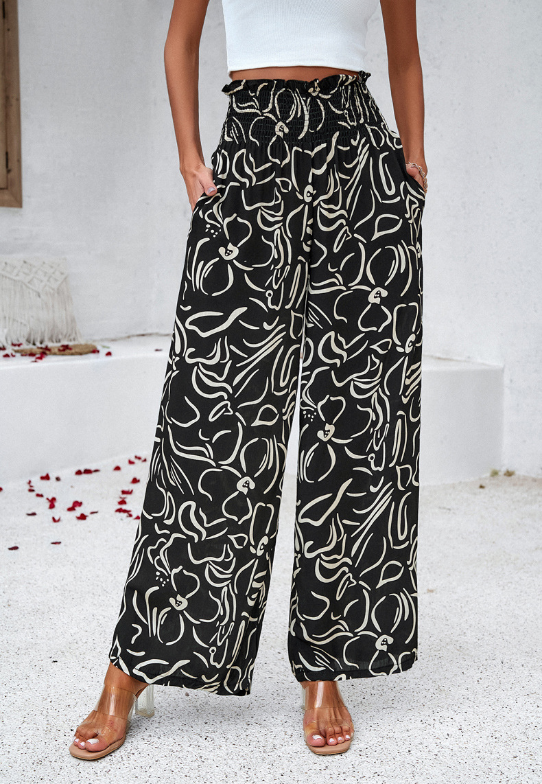 Pantaloni larghi e larghi da donna, in misto cotone stampato, eleganti, primavera-estate_voghion.com