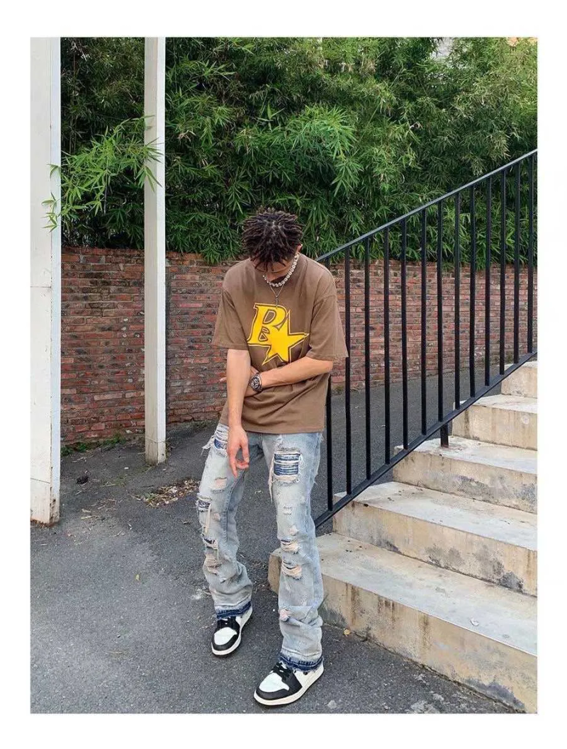 Men's 2022 High Street Hole Ripped Vintage Men Hip Hop Baggy Jeans Trousers Punk Distressed Retro Washed Straight Denim_voghion.com