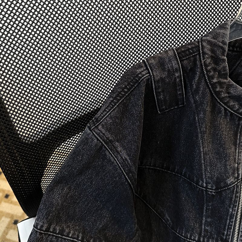 BOY BOY Exoskelett-Wirbelsäulenstruktur Vintage Heavy Wash Loose Fit Motorrad Kurze Weite Jeansjacke Herren Arbeitskleidung Freizeitmantel_voghion.com