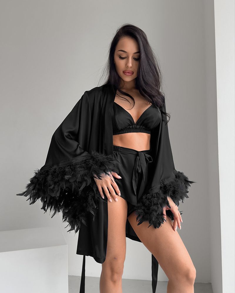 Women's Sleepwears Spring New Feather Comfortable Nightgown Long Sleeve Nightgown Underwear Shorts Pajamas Three Piece Set Home Clothes_voghion.com