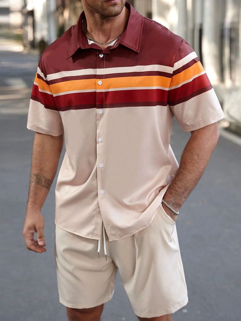 Ensemble de vêtements d'été pour hommes, chemise hawaïenne à rayures, impression 3D, short à manches courtes, ensemble 2 pièces, bordure croisée_voghion.com