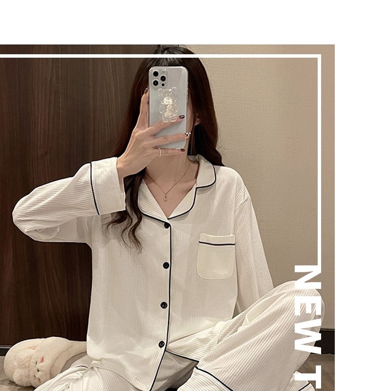 Fashion Pajamas Women's Spring and Autumn Long Sleeve Simple and Generous Solid Color Casual Pajamas Suit Japanese and Korean Style Fresh Home Clothes_voghion.com