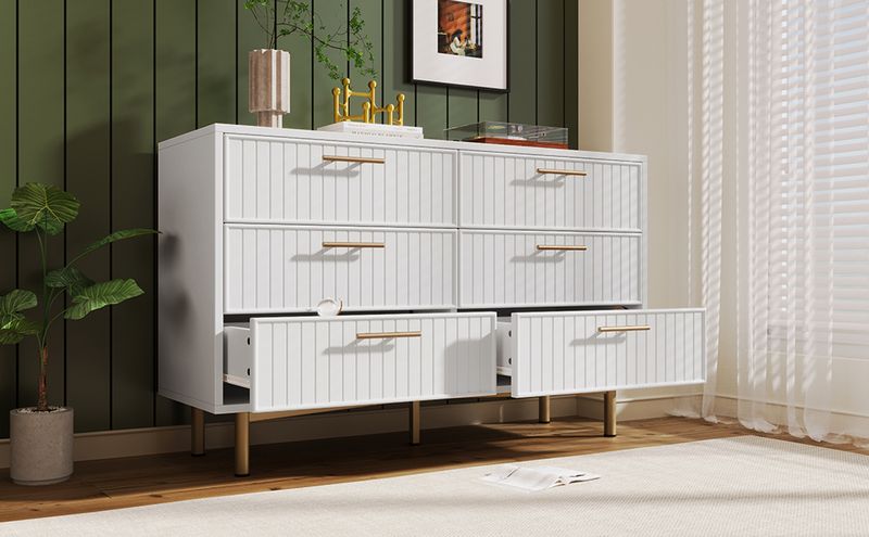 Commode 6 tiroirs, meuble haut blanc pour chambre et salon, 75 x 120 x 40 cm_voghion.com
