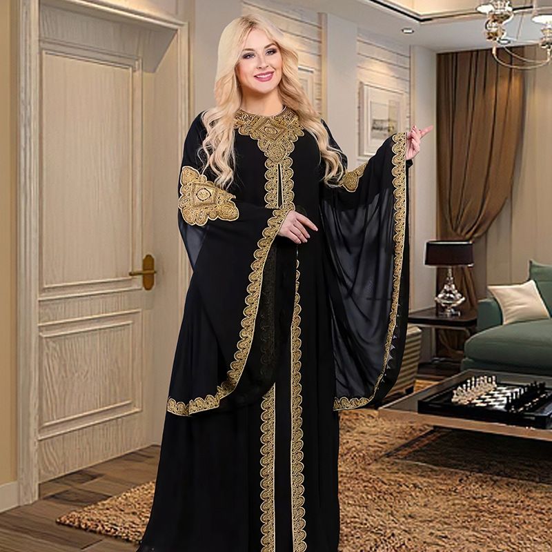 Rochie de damă Jalabiya musulmană din Orientul Mijlociu Malay cu mâneci trompetă brodate Robă brodata din dantelă aurie 8872_voghion.com