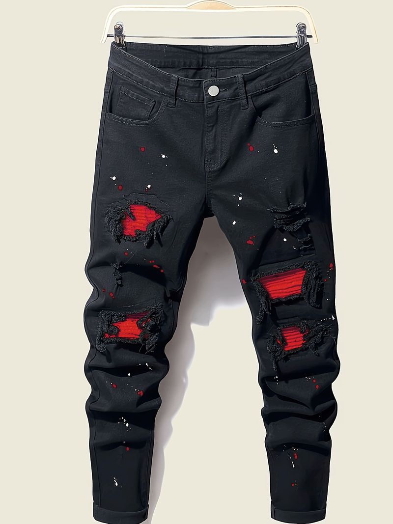 Pánské slim fit kalhoty s inkoustovým vzorem a patchworkovým vzorem, sladěné barvy, nové pánské džíny Paint_voghion.com