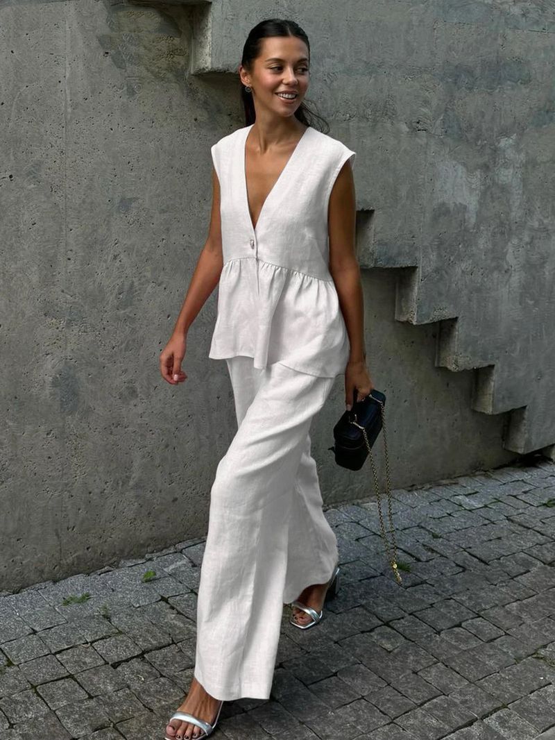 Ensemble deux pièces élégant en coton 2025, haut sans manches, gilet et pantalon long pour femme, couleur unie_voghion.com