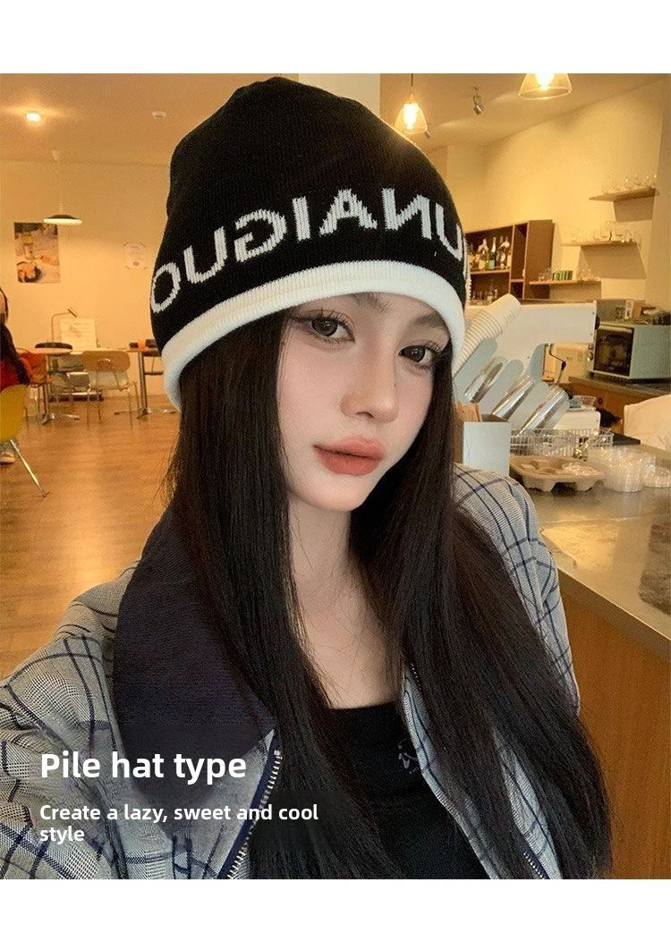 Korean Style Letter Black Knitted Cold For Women, Autumn And Winter Versatile Slouchy Beanie, Large Head Circumference,_voghion.com