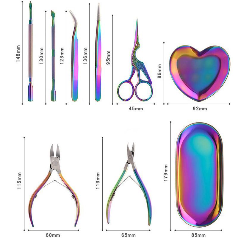 9Pcs/set Rainbow Stainless Nail Cuticle Pusher Tweezer Cutter Trimmer Clipper Scissor Dead Skin Manicure Pedicure Nails Art Tool_voghion.com
