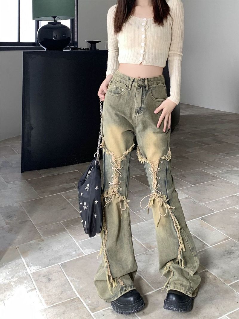 Niche Lace-Up Frayed Design Flared Jeans Women, Sweet And Spicy Style, Straight High Street Pants For Plus Size Women_voghion.com