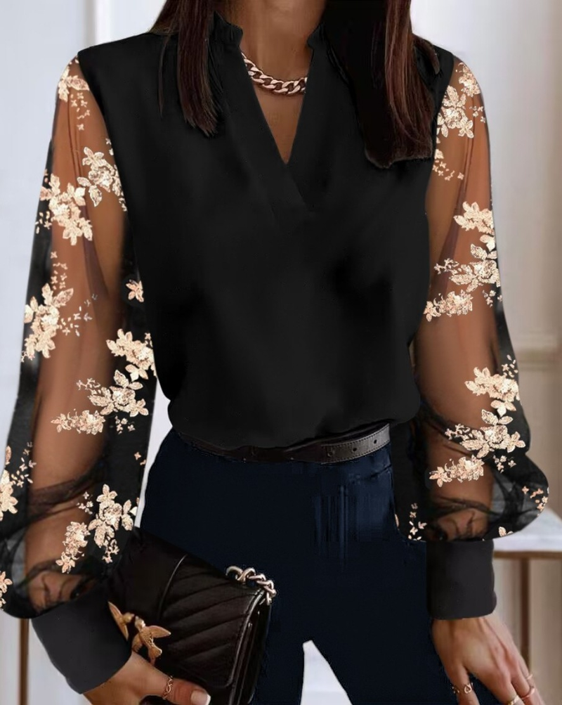 Modisches Damen-Shirt mit V-Ausschnitt und Spitze, langärmelig_voghion.com
