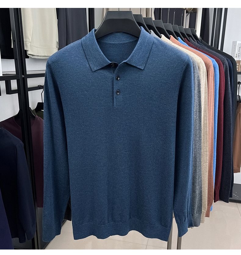 Men's Long Sleeve Knitted Sweater Spring Autumn Thin Wool Blend Turn-down Collar Middle-aged Base Shirt Top_voghion.com