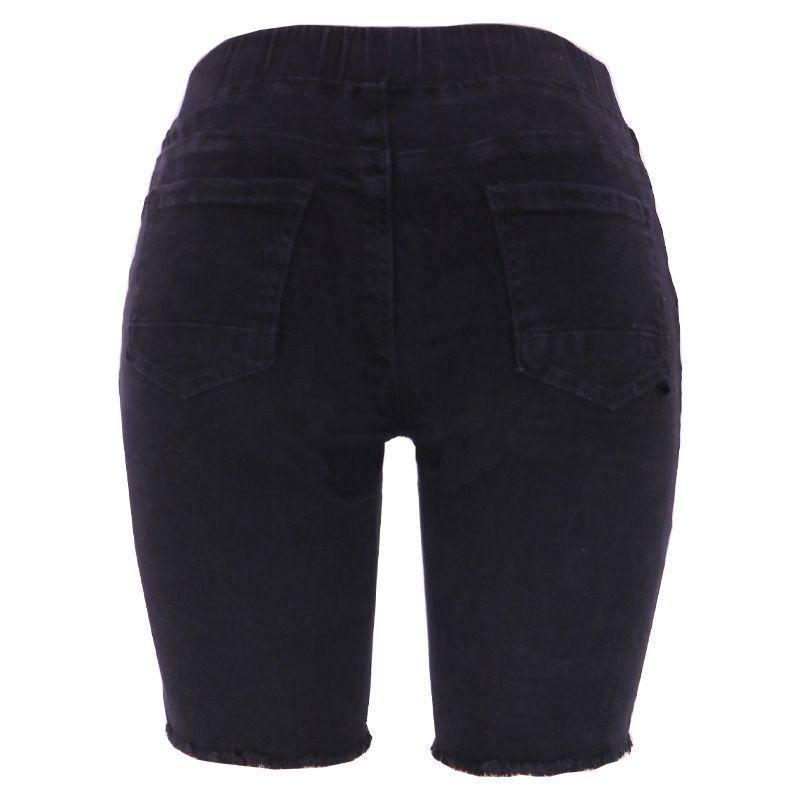 Jeans corti blu lavaggio medio elasticizzati a vita media strappati da donna_voghion.com