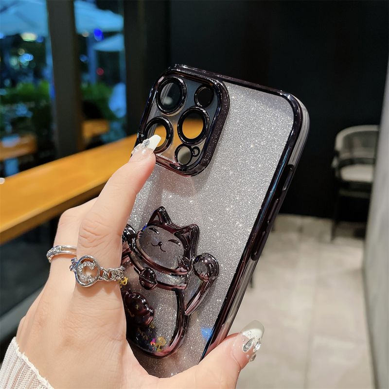 Custodia per telefono Flowing Sand Electroplated Wealth Cat adatta per iPhone 11, 12, 13, 14, 15 Pro Max con pellicola per obiettivo integrata_voghion.com