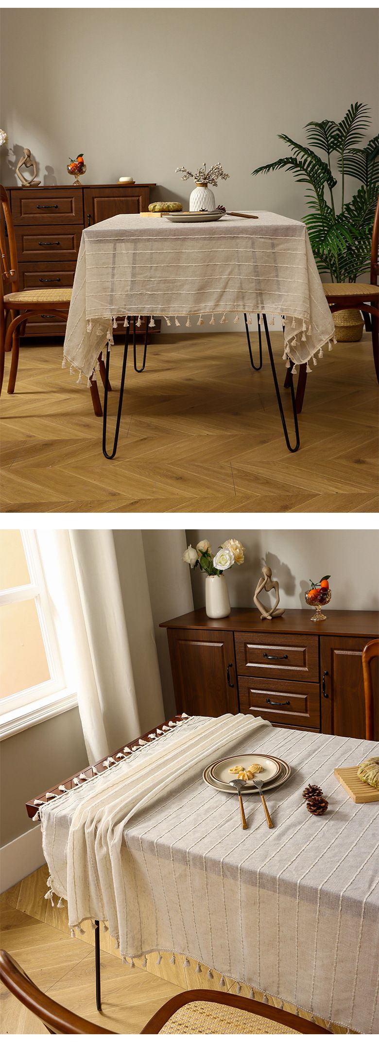 Gestreifte Leinentischdecke – Minimalistische Volltonfarbe mit Quasten für Esstisch- und Couchtischdekoration_voghion.com