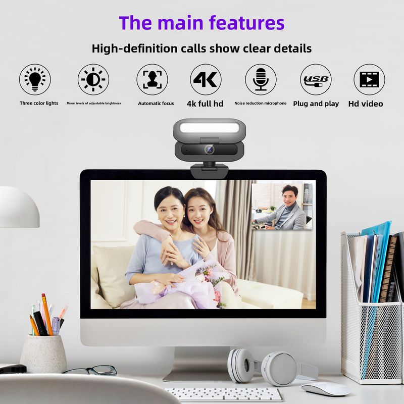 Telecamera per conferenza live USB con luce di riempimento 4K B18 per computer_voghion.com