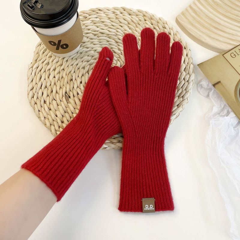 Μονόχρωμο πλεκτό χειμωνιάτικο γυναικείο ζεστό και αντιολισθητικό glo με οθόνη αφής, κορεάτικη έκδοση με χοντρό μαλλί για χώρισμα δακτύλων_voghion.com
