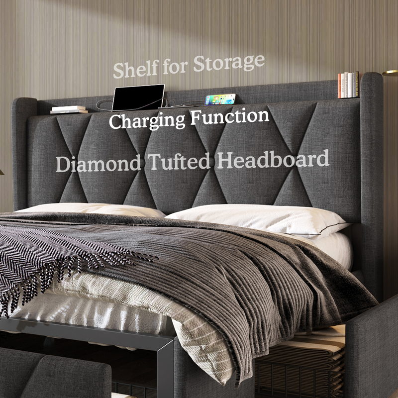 Cadre de lit double avec rangement 140 x 200 cm, avec port USB, tête de lit capitonnée et 4 tiroirs, sommier à lattes en bois gris (avec matelas)_voghion.com