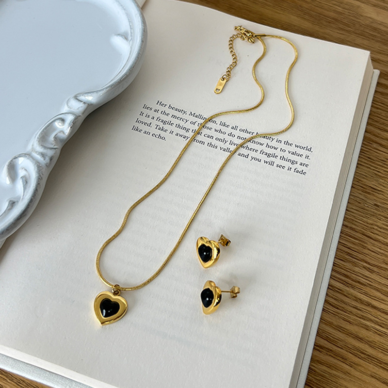 Luxury Stainless Steel Enamel Heart Pendant Necklace Earrings Fashion Jewelry For Womens Set accessory_voghion.com