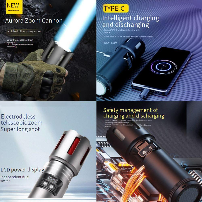 Digitalanzeige, weiße Laser-Taschenlampe mit starkem Licht, wiederaufladbar, superhell, für den Außenbereich, Notbeleuchtung mit zwei Lichtquellen_voghion.com