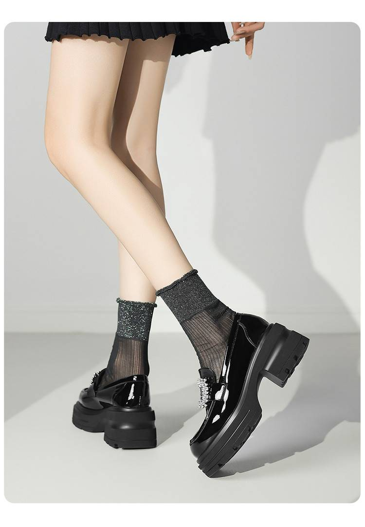 Cameido Women's Black Patent Synthetic Leather Loafers With Round Toe & 7CM PU Sole_voghion.com