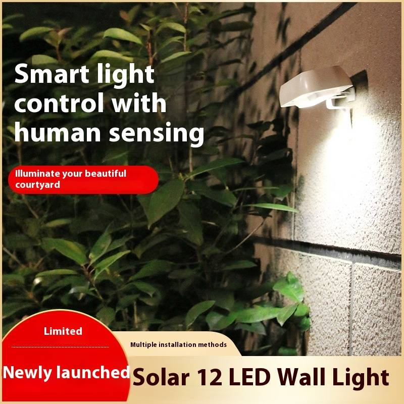 Luminária de parede com sensor de movimento solar de 12 LEDs, à prova d'água, para jardim externo com liga/desliga automático, luz branca para pátio, quintal, caminho, cerca_voghion.com