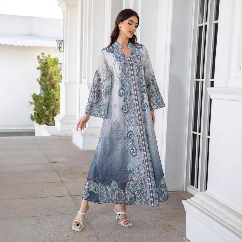 Elegantes besticktes Abaya-Kleid mit Blumendruck und Kristallverzierungen – schlichtes muslimisches Maxikleid mit langen Ärmeln für Damen (Blau, S-XXL)_voghion.com