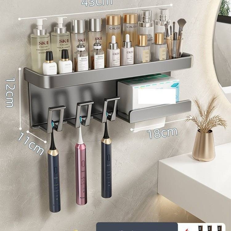 Gun Grey Wall-Mounted Toothbrush Holder With Detachable Toothpaste Squeezer & Matching Cups - Space-Saving Bathroom Organizer For Family Of 2/3/4_voghion.com
