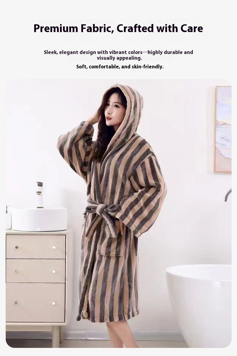 Luxury Coral Fleece Bathrobe – Unisex Striped & Checkered Kimono-Style Robe For Spa And Home Relaxation_voghion.com