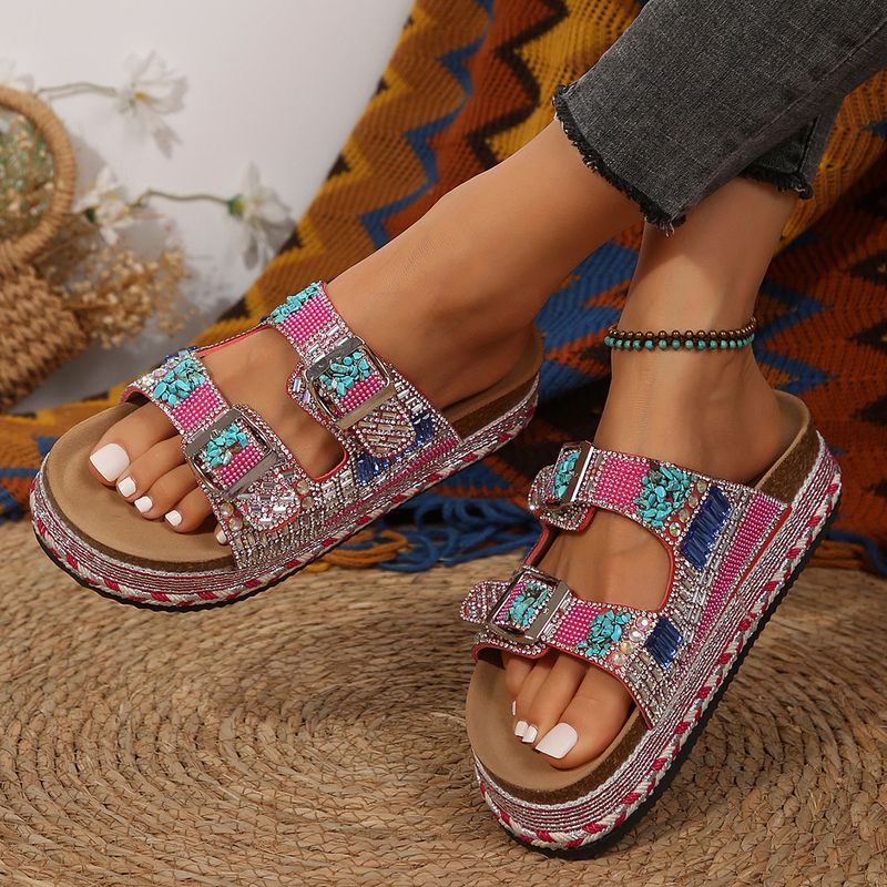 2025 New Thick Bottom Rope Double Button Water Diamond Cork Beach Slippers Lare Women's Shoes Shinin And_voghion.com