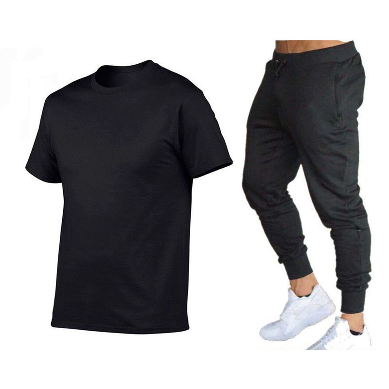 Vêtements d'été pour hommes, costume simple de couleur unie, T-shirt + pantalon en coton à col rond, ensemble deux pièces à la mode et polyvalent_voghion.com