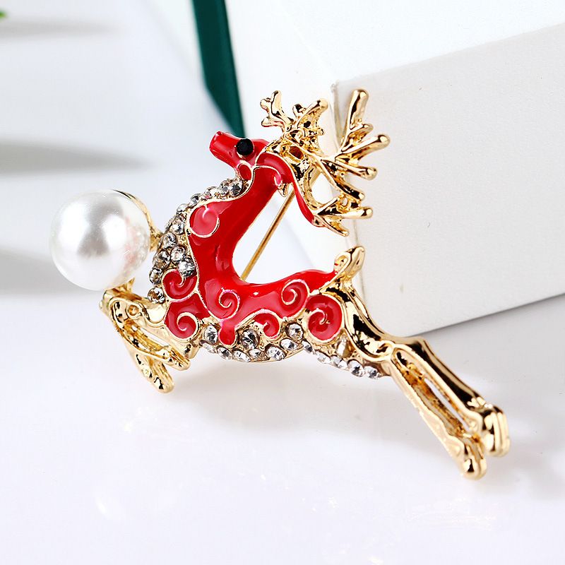 Korean version of the new Christmas oil drop alloy enamel rhinestone sika deer pearl brooch pin brooch female_voghion.com