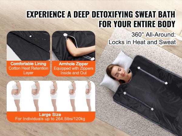 VEVOR Sauna Blanket For Detoxification, Portable Far Infrared Sauna For Home, Oxford Sauna Bag W/ Arm Holes & Carbon Fiber Heating, 1-6 Level Adjustable Temp 95-176°F , 5-60 Minutes Timer, 71 X 31 In_voghion.com