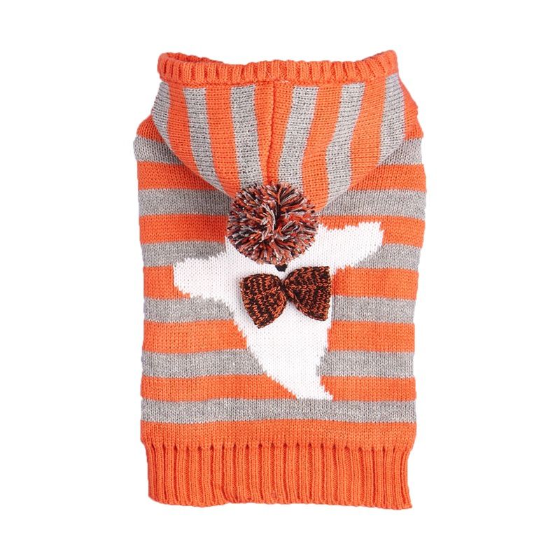 Maglione per animali domestici con cappuccio e pompon a righe, a blocchi di colore grigio arancione, lavorato a maglia, caldo, per Halloween_voghion.com