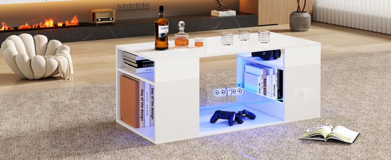 Table basse en verre brillant avec éclairage LED, table centrale de salon moderne blanche, rangement à plusieurs niveaux, 96 x 45 x 45 cm_voghion.com