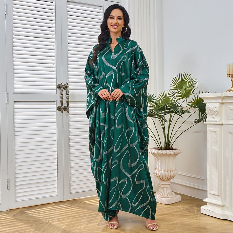 Big Swing per le donne, nuovo alla moda, con maniche a pipistrello stampate a caldo, scollo a V, abito musulmano lungo da donna_voghion.com