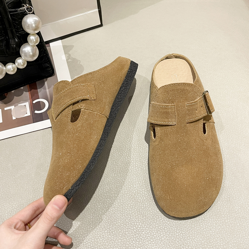 2023 sommer frauen Schuhe Closed Toe Runde Kappe Hausschuhe Kuh Wildleder Leder Clogs Schuhe für Frauen Retro Mode Garten mule Clog_voghion.com